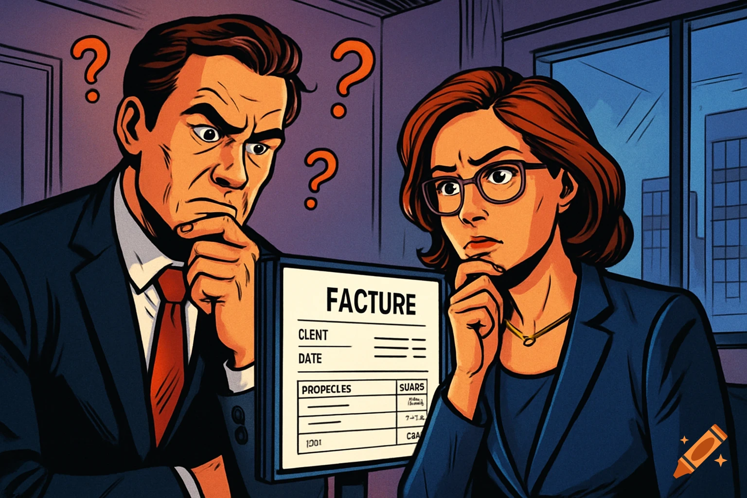 Comic book art of two confused lawyers, a man and a woman, pondering a partially incorrect electronic invoice on a screen.