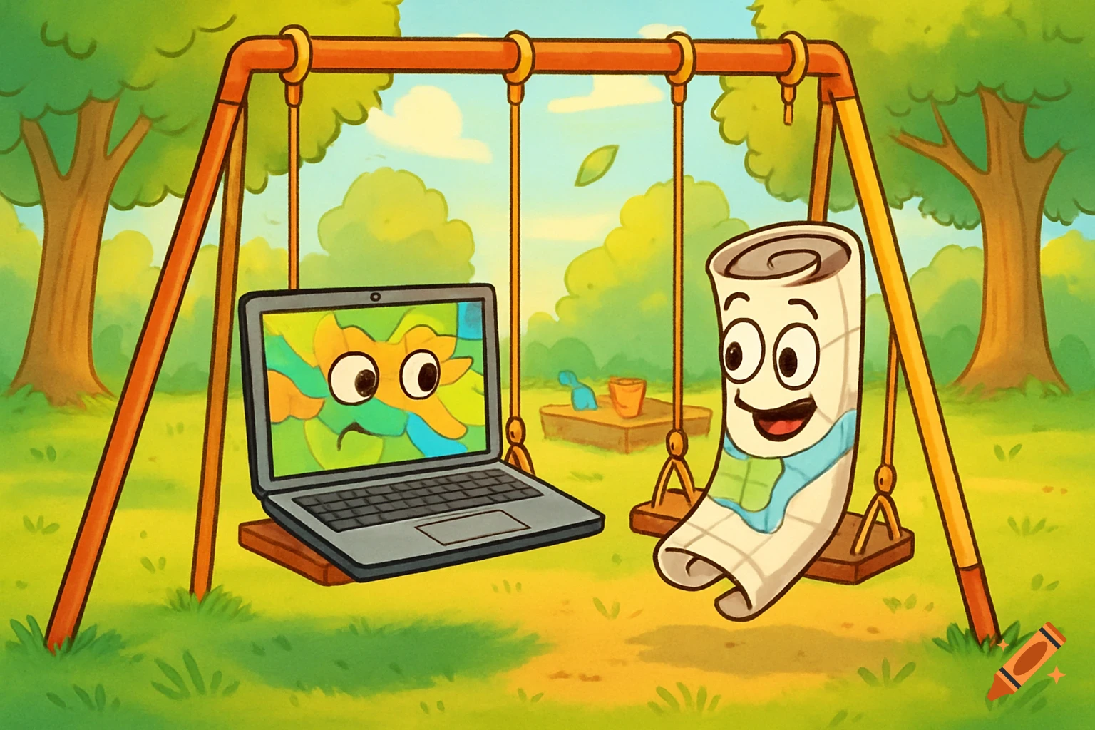 Cartoon illustration of a laptop showing a GIS map and a rolled paper map character on swings in a sunny park playground.