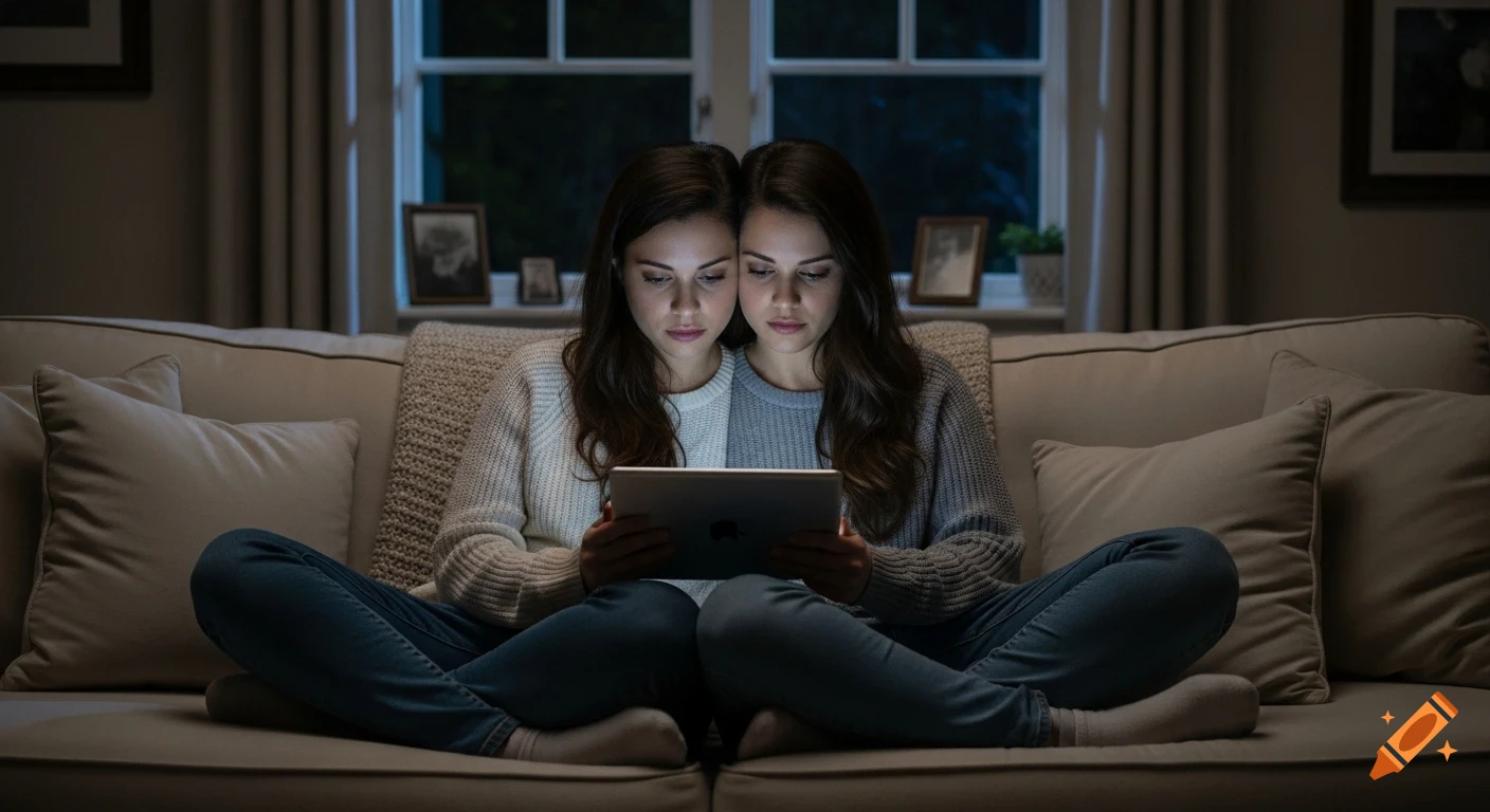 Conjoined twins sit on a sofa in a dimly lit living room, intently looking at a tablet computer.