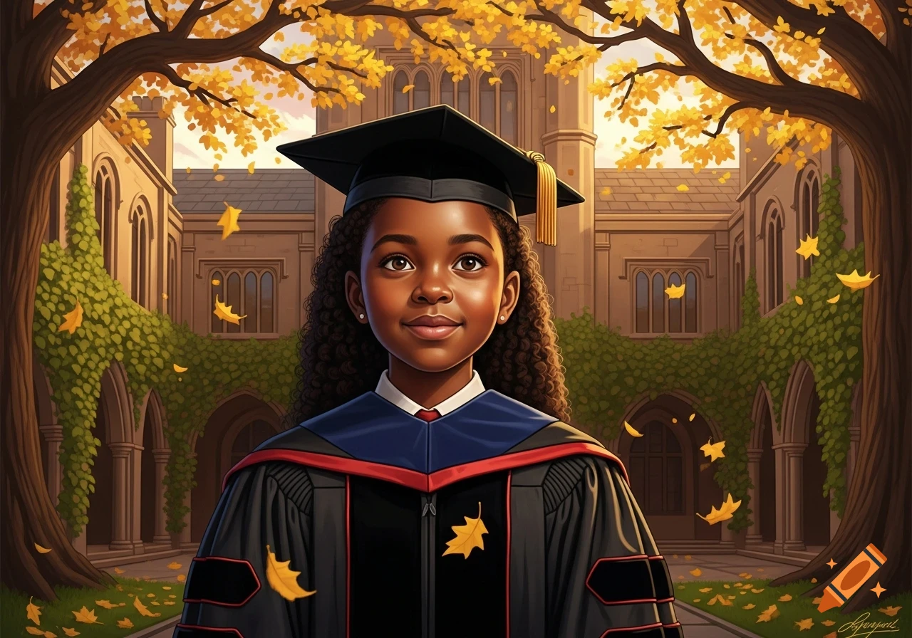 A young Black girl in a graduation cap and gown smiles in an autumn university courtyard with golden leaves.