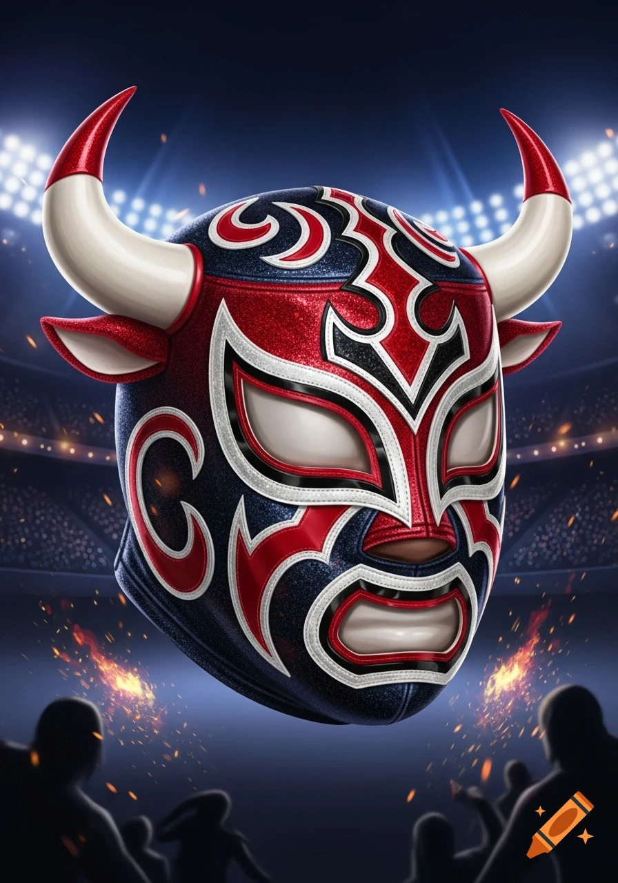 Vibrant red, blue, and black Lucha Libre mask with white bull horns, hovering in a stadium with bright lights and a silhouetted crowd.