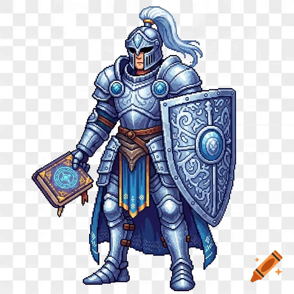 A pixel art genderless paladin in full silver armor, holding an ornate shield and a glowing magical tome.