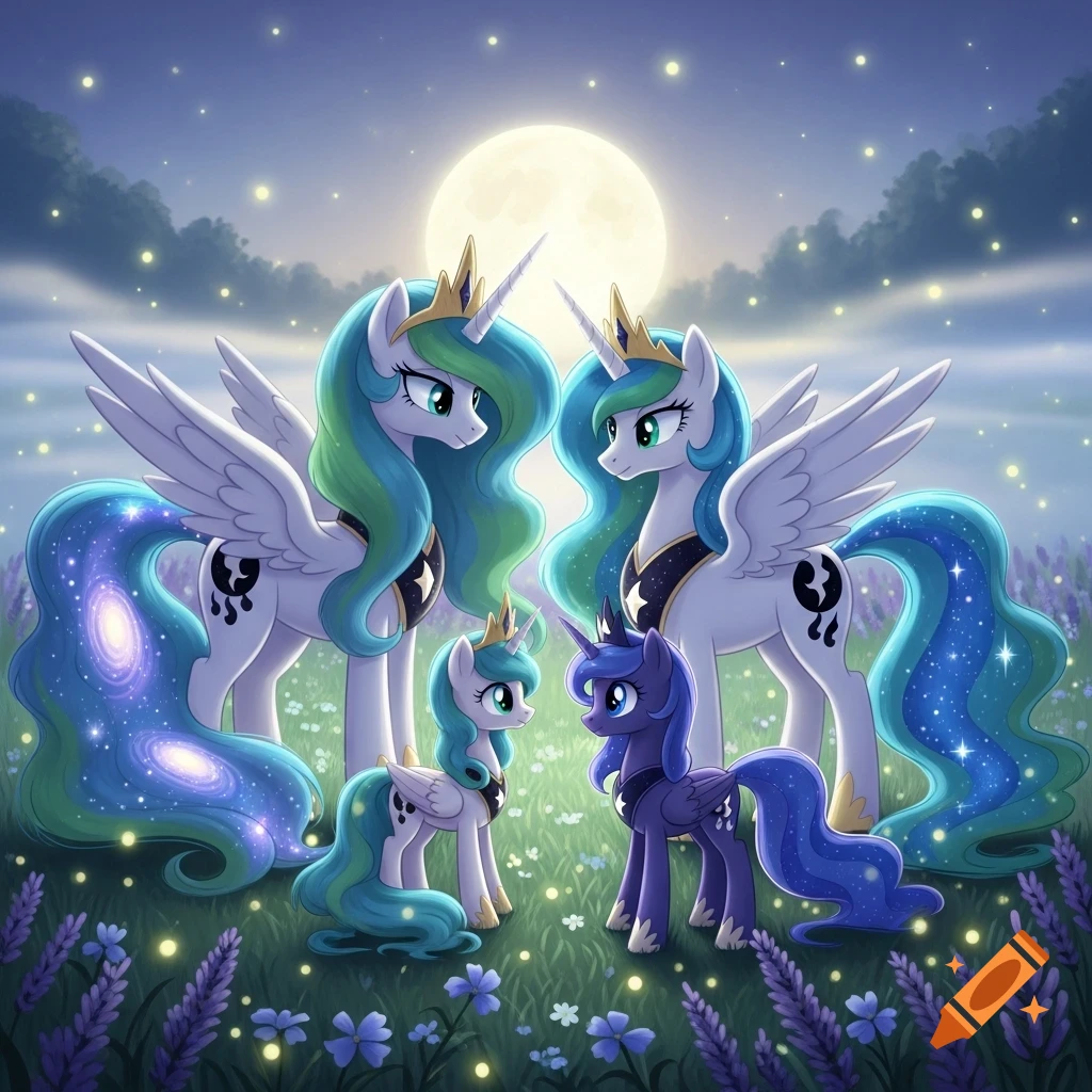 Digital illustration of two adult and two foal winged unicorn ponies in a lavender field under a full moon and starry night sky.