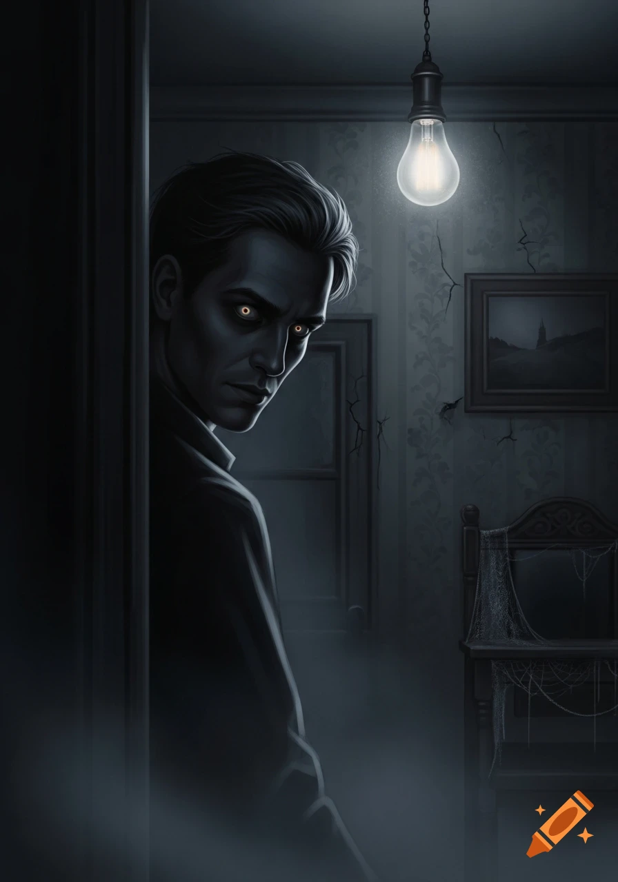 Illustrative drawing of a creepy man with glowing yellow eyes peeking from a dark doorway into a dilapidated, dimly lit room.