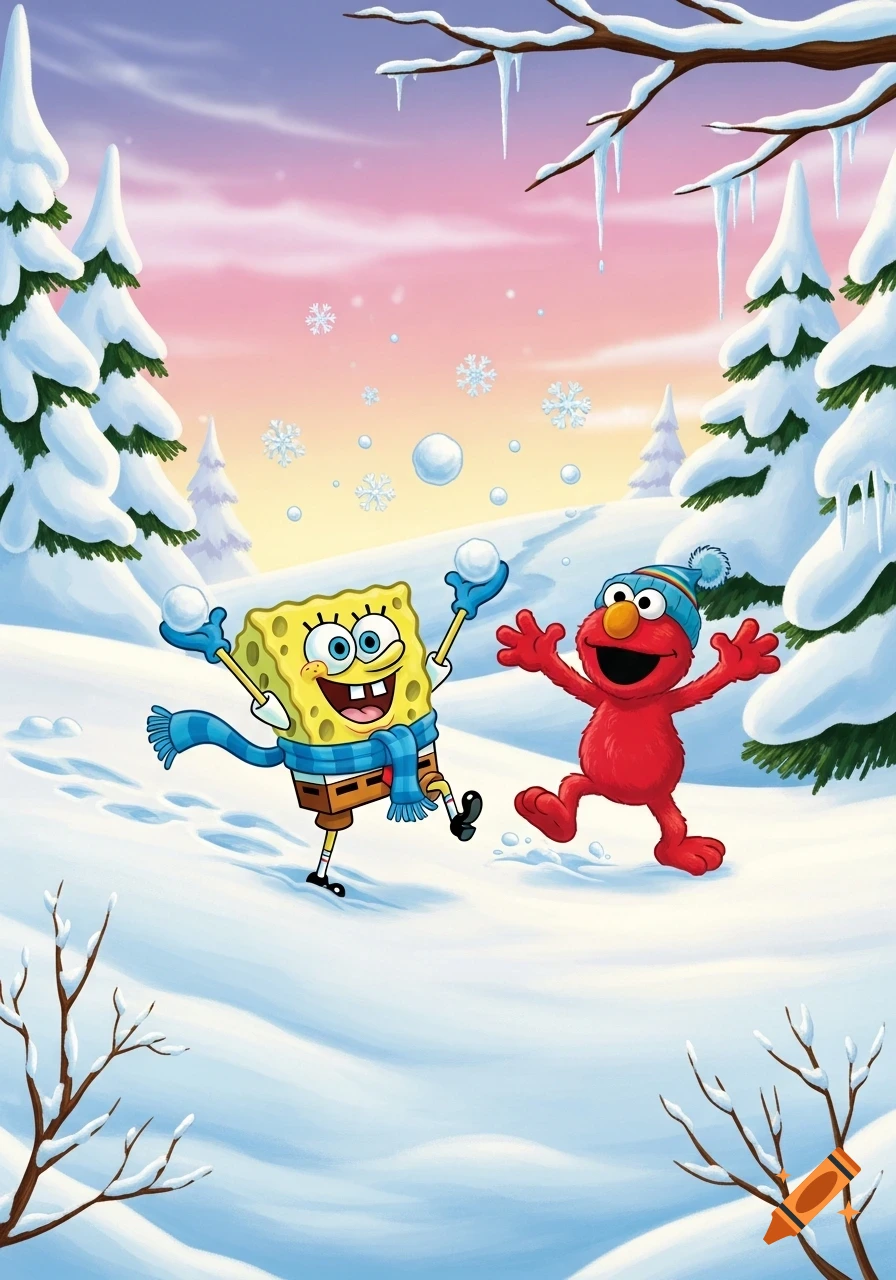 SpongeBob and Elmo play in a snowy landscape with pine trees and a pink sky, throwing snowballs in a cartoon style.