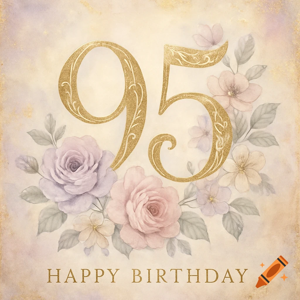 A watercolor birthday card with large gold glitter numbers '95' surrounded by pastel pink and purple flowers, with 'HAPPY BIRTHDAY' text below.