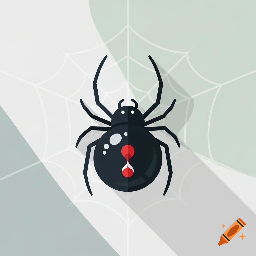 A stylized black widow spider with a red hourglass symbol on its abdomen, resting on a subtle spiderweb in a flat design.