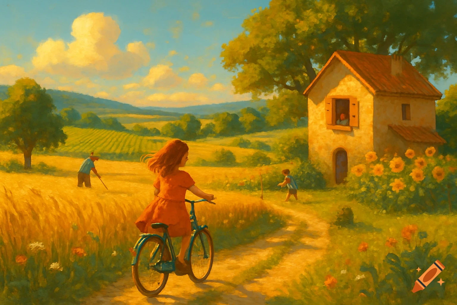 A red-haired girl rides a bicycle on a dirt path through a sunlit golden field, with a farmhouse and other figures in the background, in a painterly style.