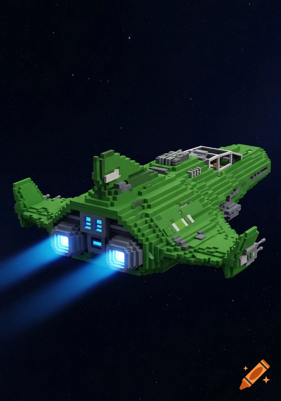 Green voxel art spaceship with glowing blue thrusters, seen from the back in dark space.