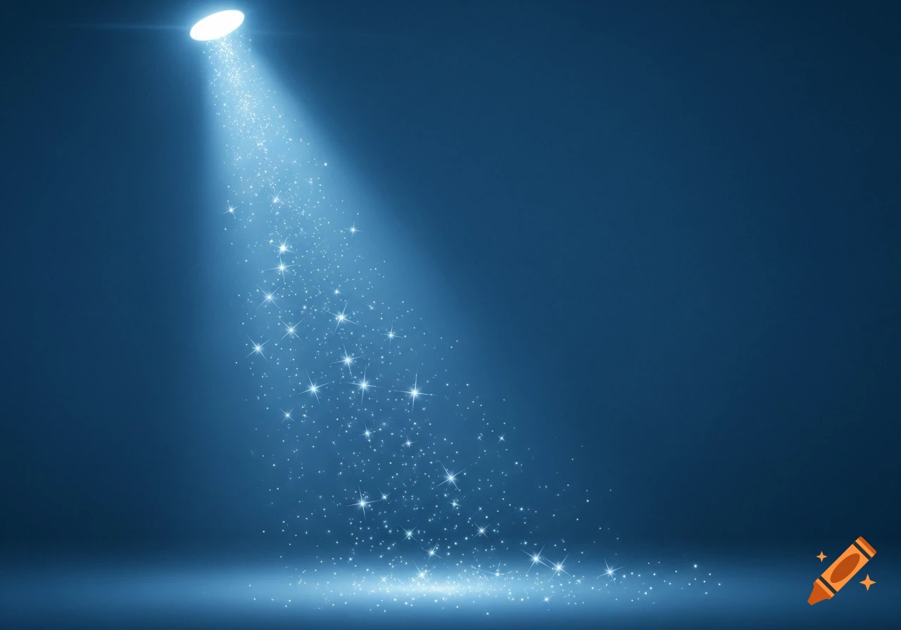 A bright pale blue spotlight shines down with numerous glowing sparkles on a dark blue background.