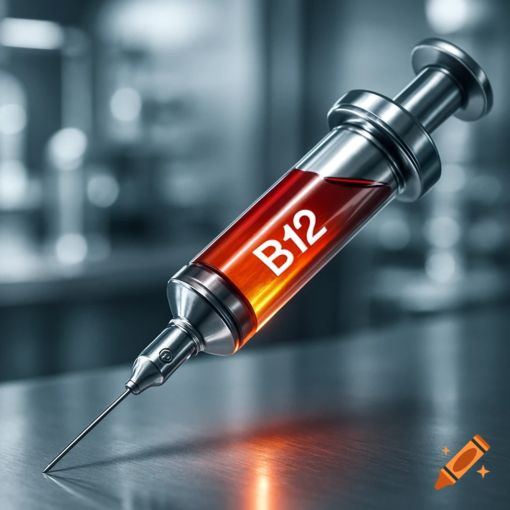 A metallic syringe filled with glowing orange B12 liquid, placed on a reflective surface in a medical setting.