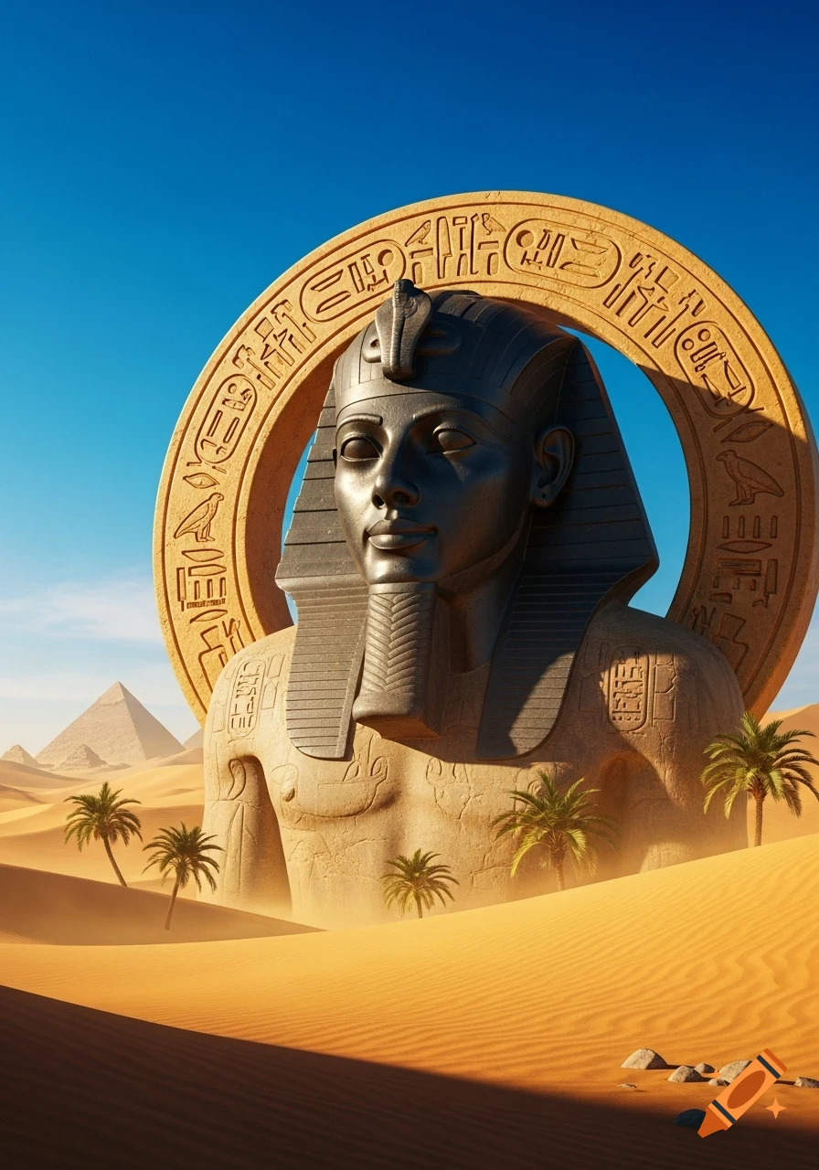 Massive Egyptian pharaoh statue with a black headdress and a hieroglyphic halo, rising from sandy desert dunes with pyramids in the background.