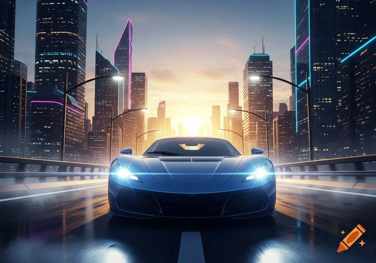 A sleek blue sports car with bright headlights drives on a wet road in a futuristic city at sunset, with neon-lit skyscrapers.