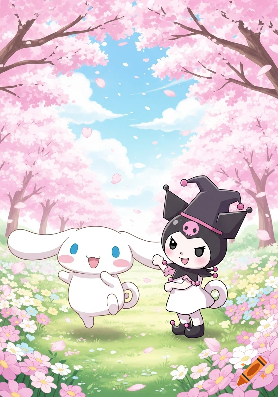 Cinnamoroll and Kuromi in an anime style, standing in a field of flowers under pink cherry blossom trees.