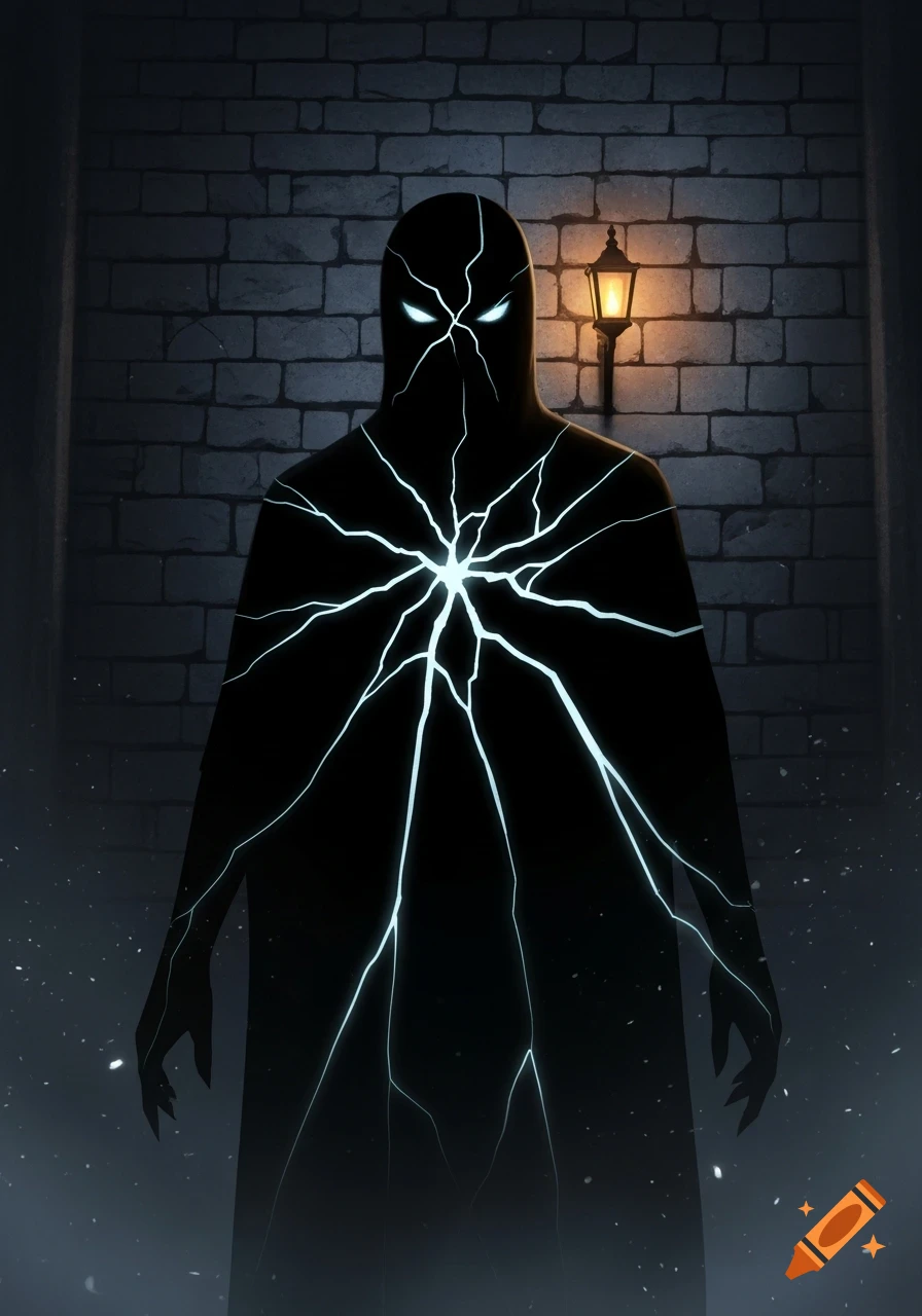 A dark, cloaked figure with glowing cracks and eyes stands in a dimly ...