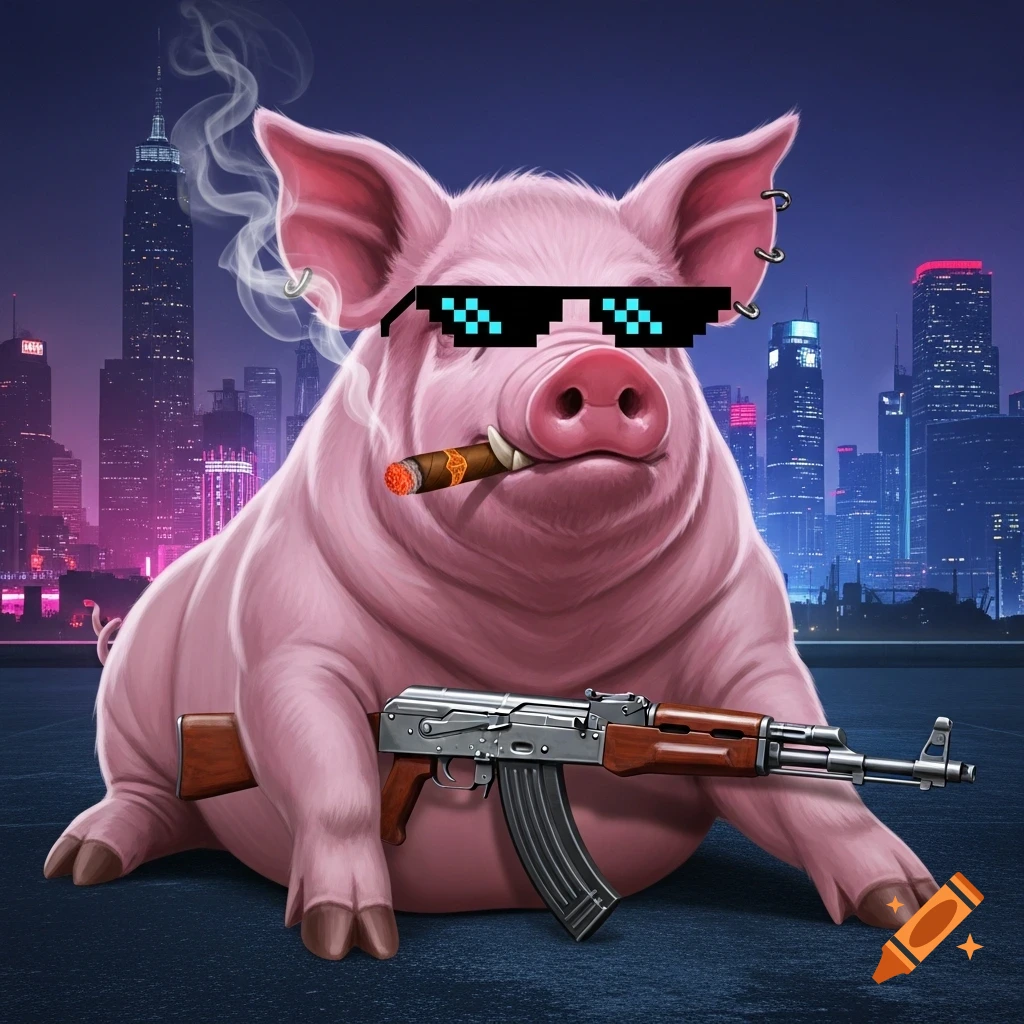A cool pink pig with pixel sunglasses smokes a cigar and holds an AK-47 rifle, set against a dark city skyline.