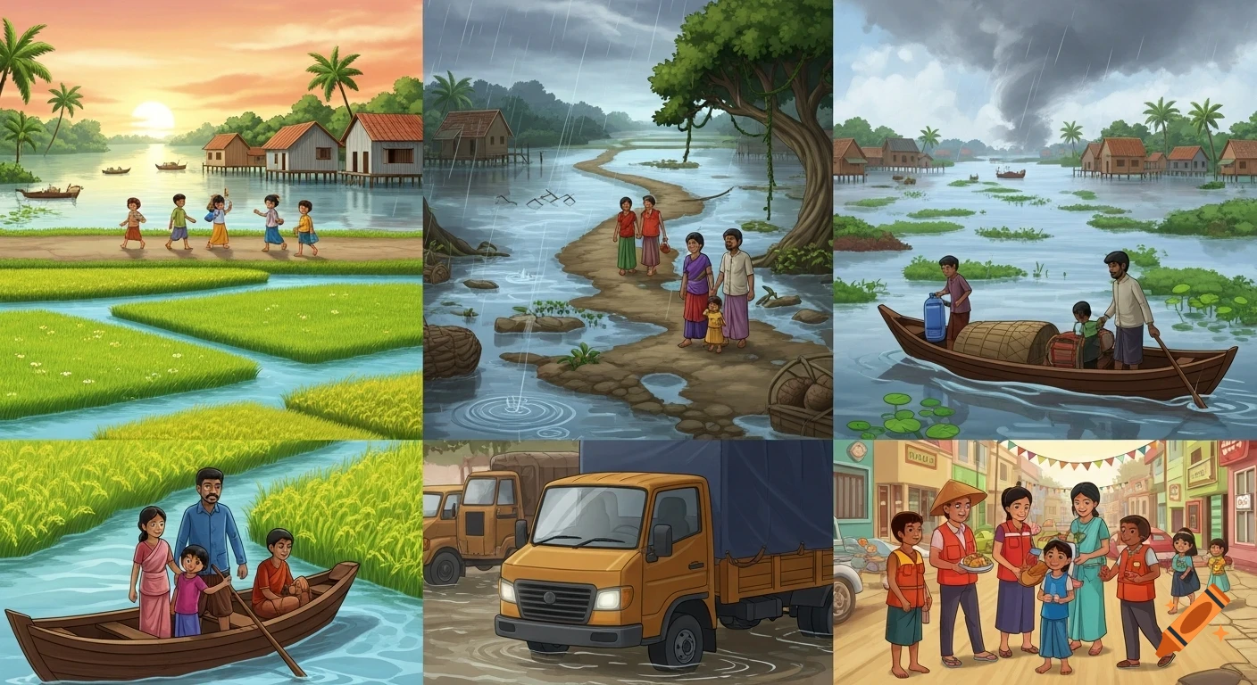 A 2D illustrated collage showing six panels of rural village life in a delta region, from peaceful mornings to monsoon flooding and community evacuation by boat and truck, with families and children.