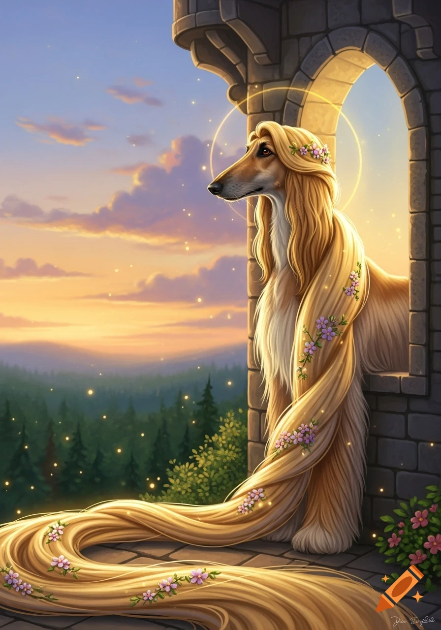 An elegant Afghan Hound with long, golden, flower-adorned hair and a halo looks from a stone tower window at a sunset forest, in a storybook fairytale style.