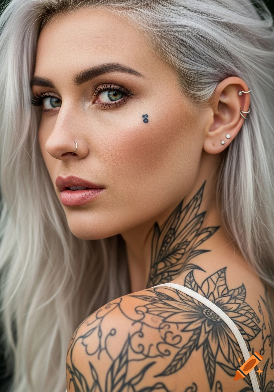 Photorealistic portrait of a woman with white hair, green eyes, face piercings, and intricate neck and shoulder tattoos.