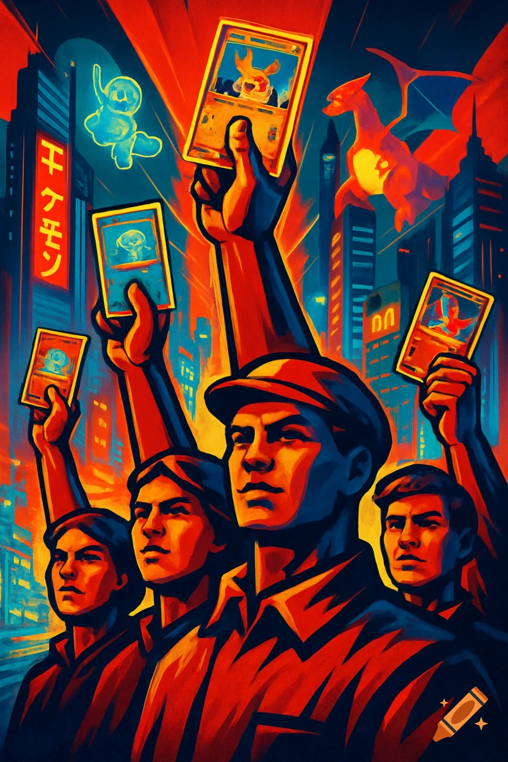 Stylized propaganda poster depicting people raising Pokemon cards in a futuristic city at night, bathed in red and blue neon light.