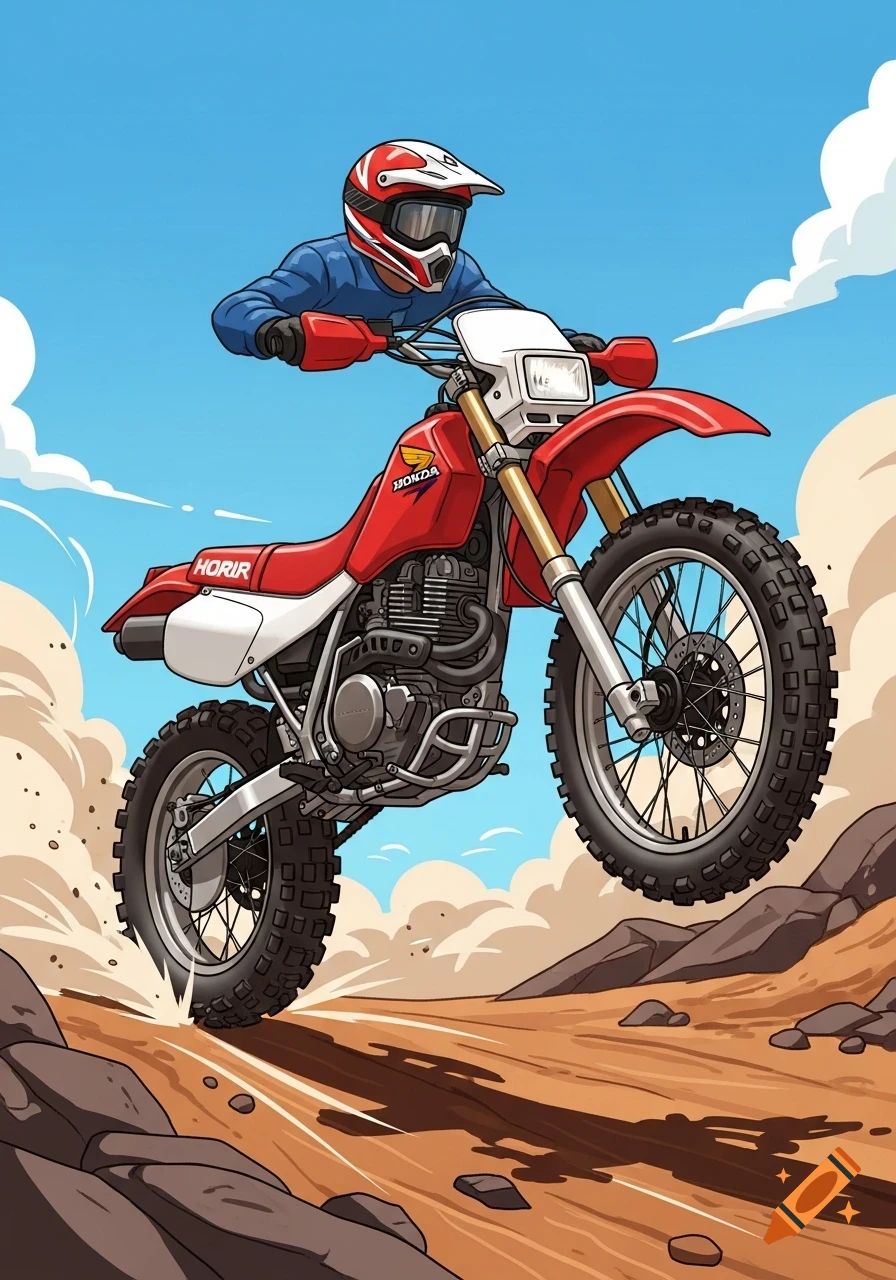 A cartoon illustration of a person on a red dirt bike jumping over sandy terrain under a blue sky.