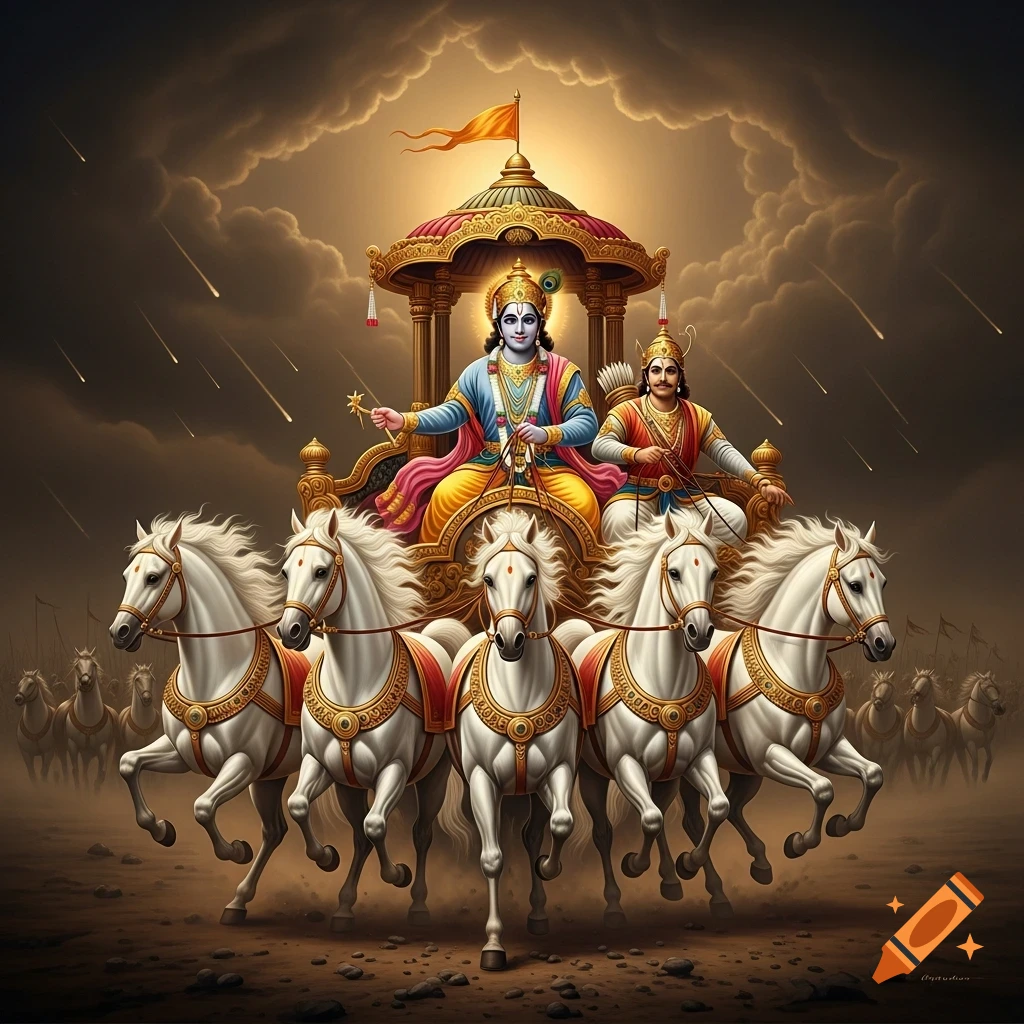 Krishna and Arjuna ride a golden chariot pulled by six white horses under a stormy, fiery sky with meteors.