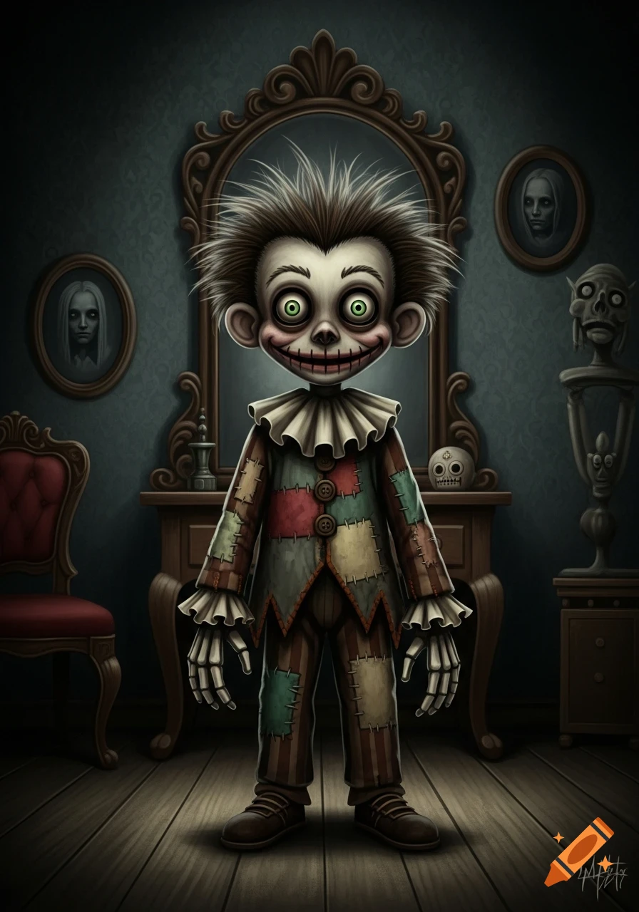 A scary, wide-eyed doll with a stitched smile, spiky hair, patchwork clothes, and skeletal hands stands in a dark, gothic room with eerie portraits.