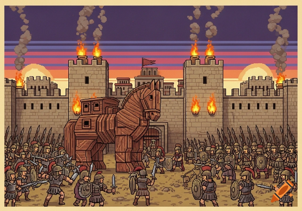 Pixel art scene of the Trojan War with the wooden Trojan Horse at the gates of a walled city, surrounded by soldiers, in a retro 1993 DOS game style at sunset.