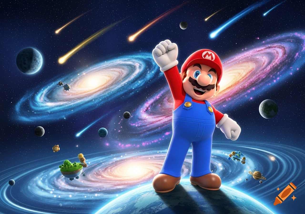 Mario stands triumphantly on a planet in a colorful galaxy filled with stars, planets, and meteors, in a 3D animated style.