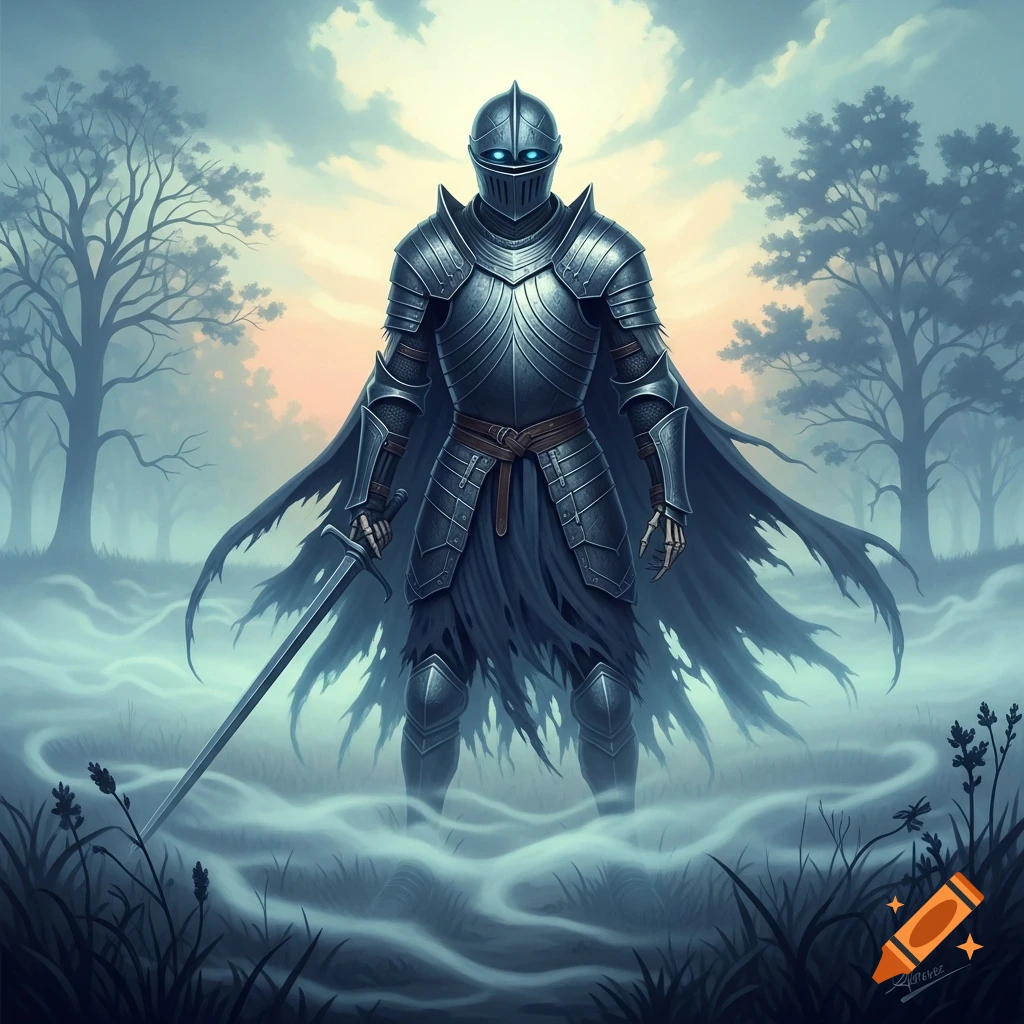 A skeletal knight in tattered armor stands in a misty field with a sword, against a sunrise sky, in an oil painting.