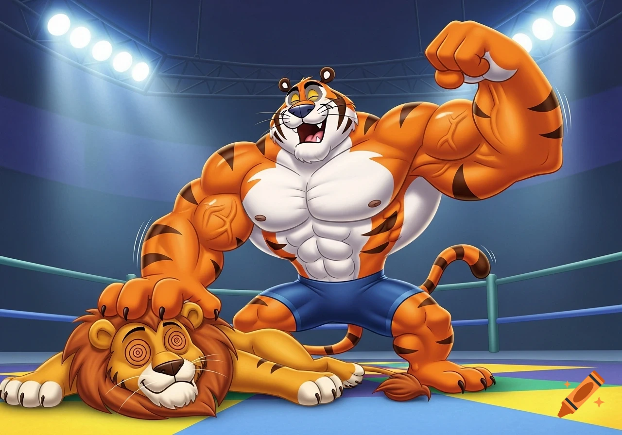 A muscular cartoon Tony the Tiger flexes victoriously on a wrestling mat, with one foot on a knocked-out anthropomorphic lion.