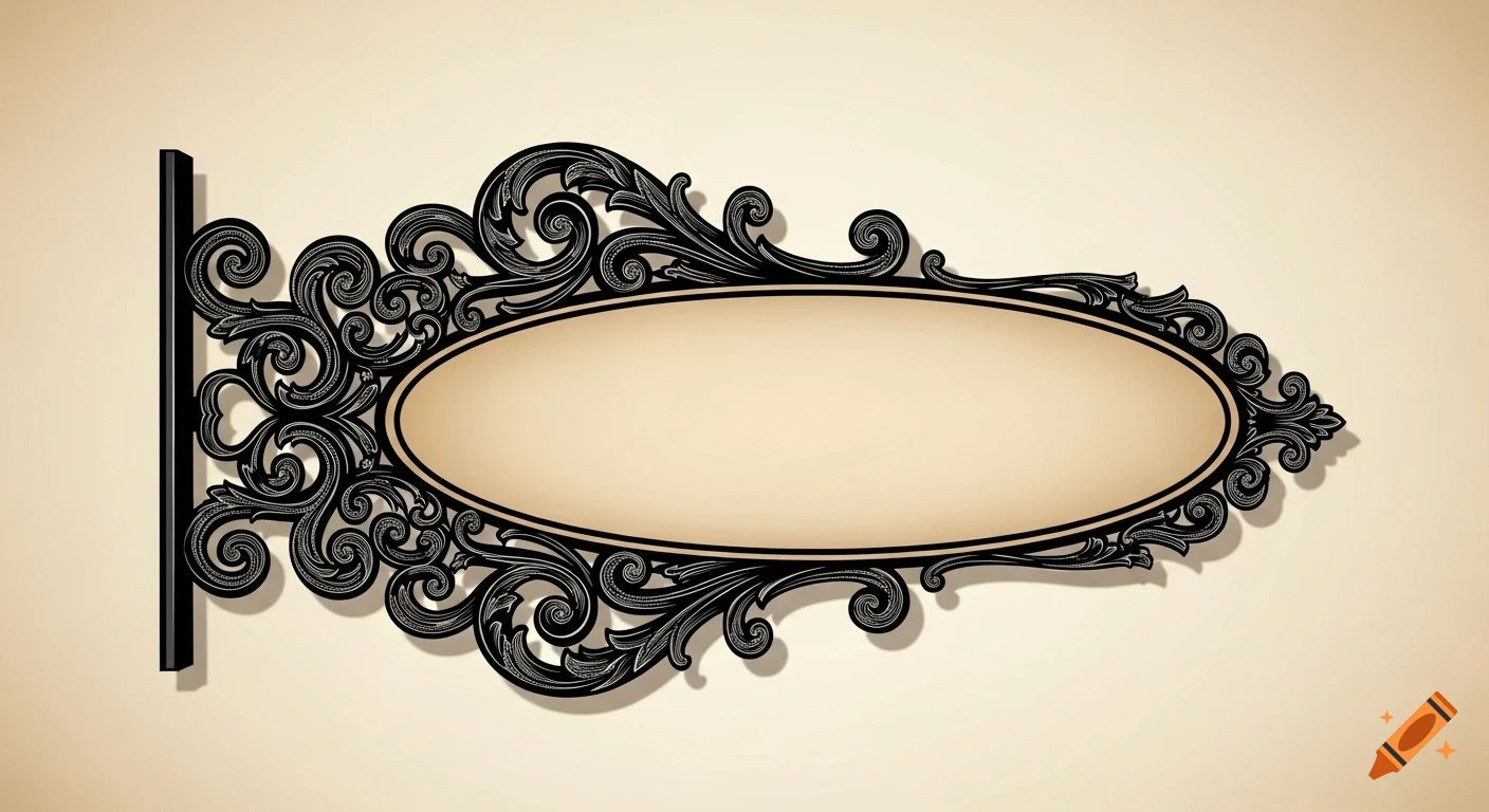 A vintage-style ornate black sign with thick, swirling, lacey designs, featuring a blank beige oval in the center, attached to a wall on the left.