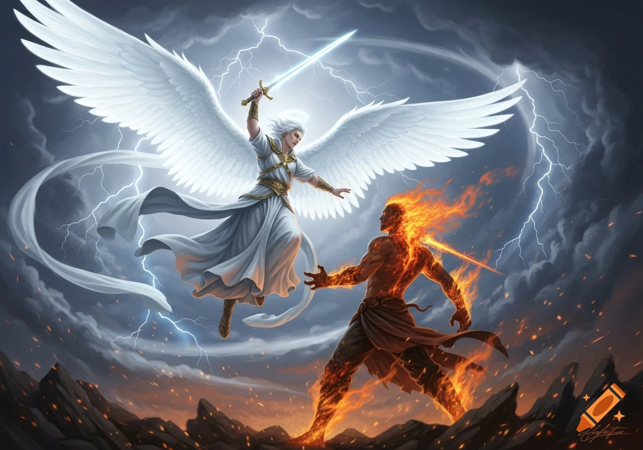 An angelic figure with white wings and a glowing sword battles a fiery demon in a stormy, lightning-filled sky.