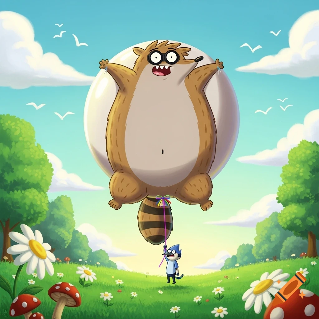 Cartoon Rigby the raccoon inflated like a balloon, floating above a sunny meadow, held by Mordecai.