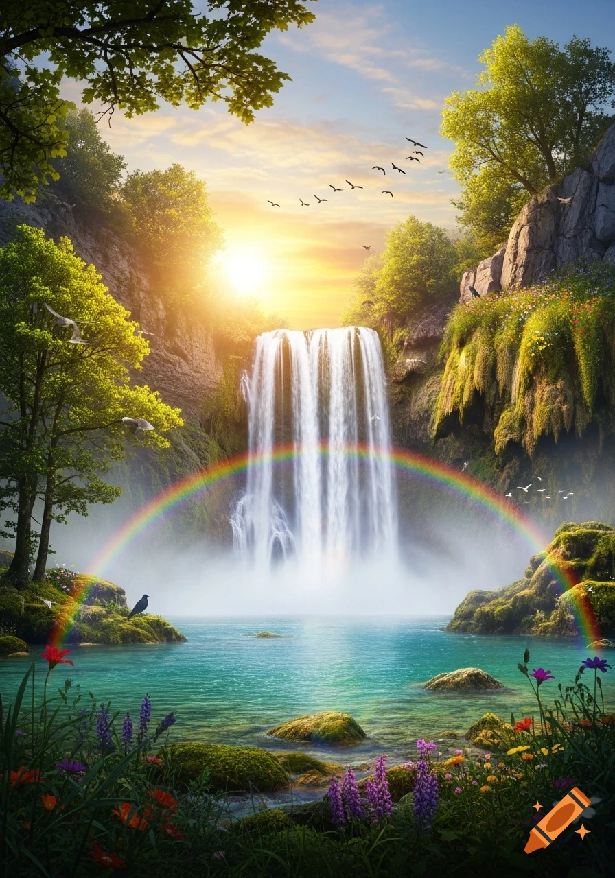 A vibrant photorealistic landscape featuring a powerful waterfall, a bright rainbow, a clear blue lake, and lush green foliage under a sunset sky.