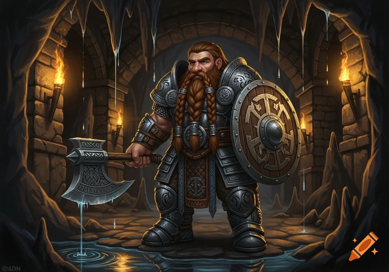 A heavily armored fantasy dwarf warrior with a braided beard, holding a battle axe and shield in a torch-lit cavern with dripping water.