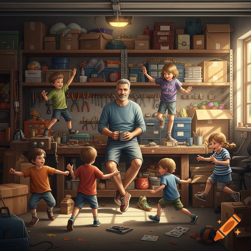 A man sits calmly in a cluttered garage, holding a mug, while several energetic children play and run around him.