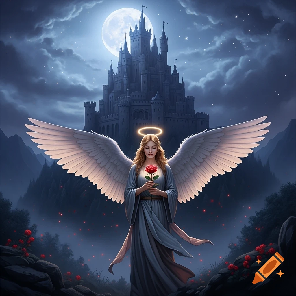 An angelic figure with white wings and a halo holds a red rose before a majestic castle under a bright full moon at night.