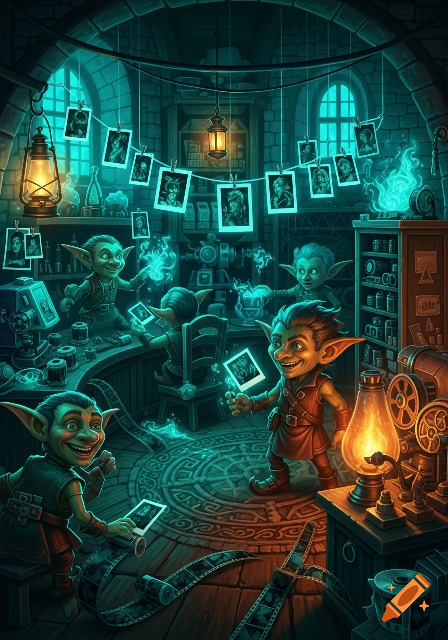Whimsical illustration of goblins in a magical darkroom, happily processing photos and film with glowing lanterns.
