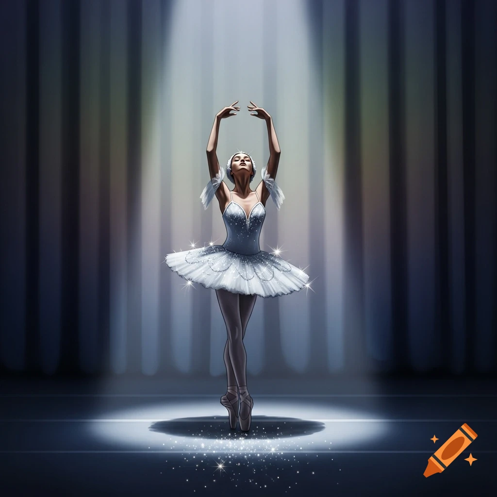 A stylized illustration of a ballerina in a white tutu, en pointe with arms raised, under a spotlight on a dark stage.