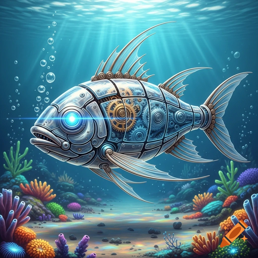 A stylized mechanical fish with a glowing blue eye and visible gears swims through a colorful coral reef, with sun rays from above.