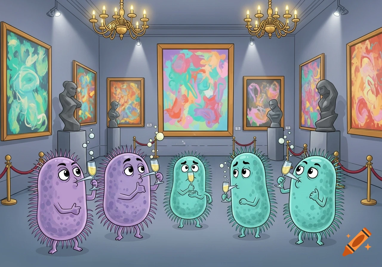 Five cartoon paramecia, two purple and three teal, celebrate with champagne in a well-lit art gallery.