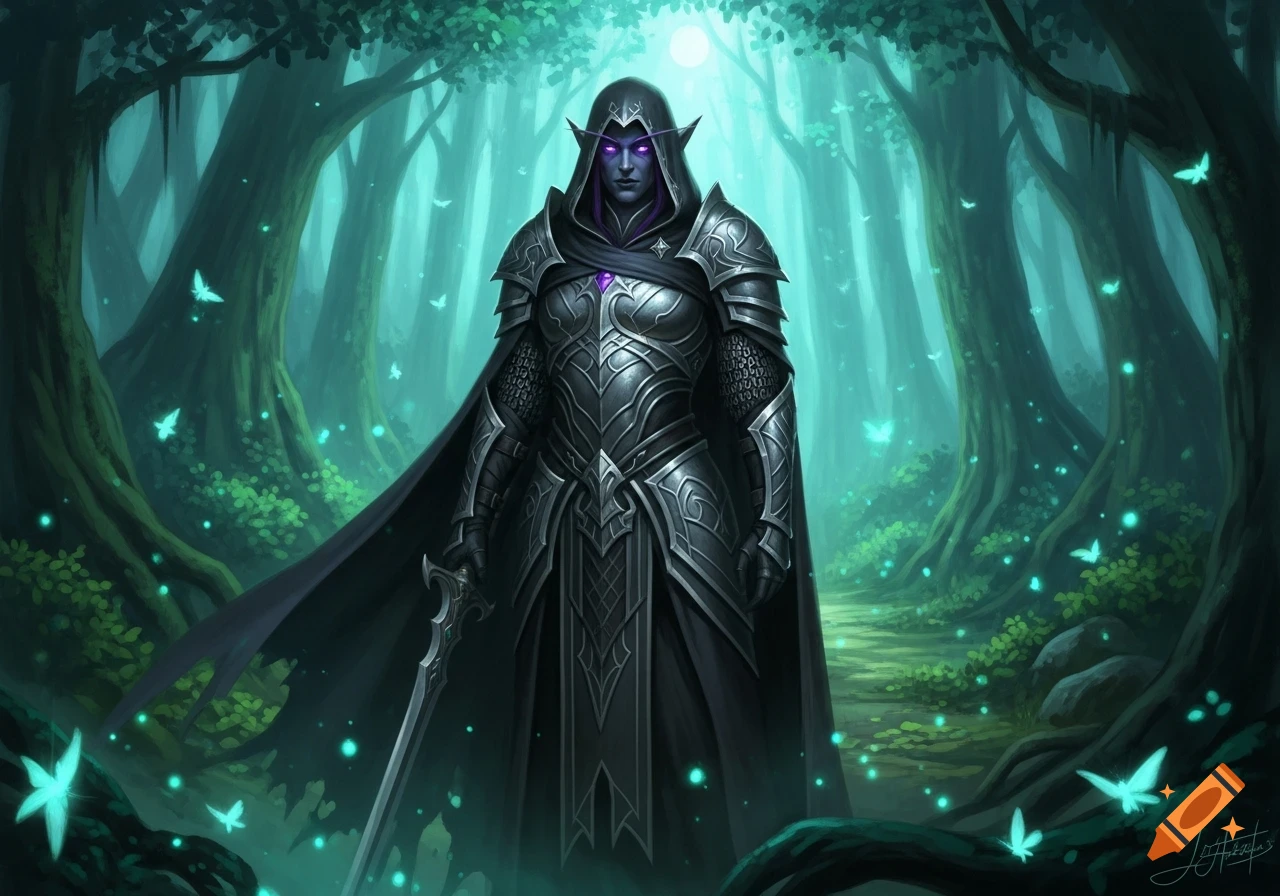 A Drow noble in dark elven chainmail and a hooded cloak stands in a mystical forest with glowing blue butterflies and light.