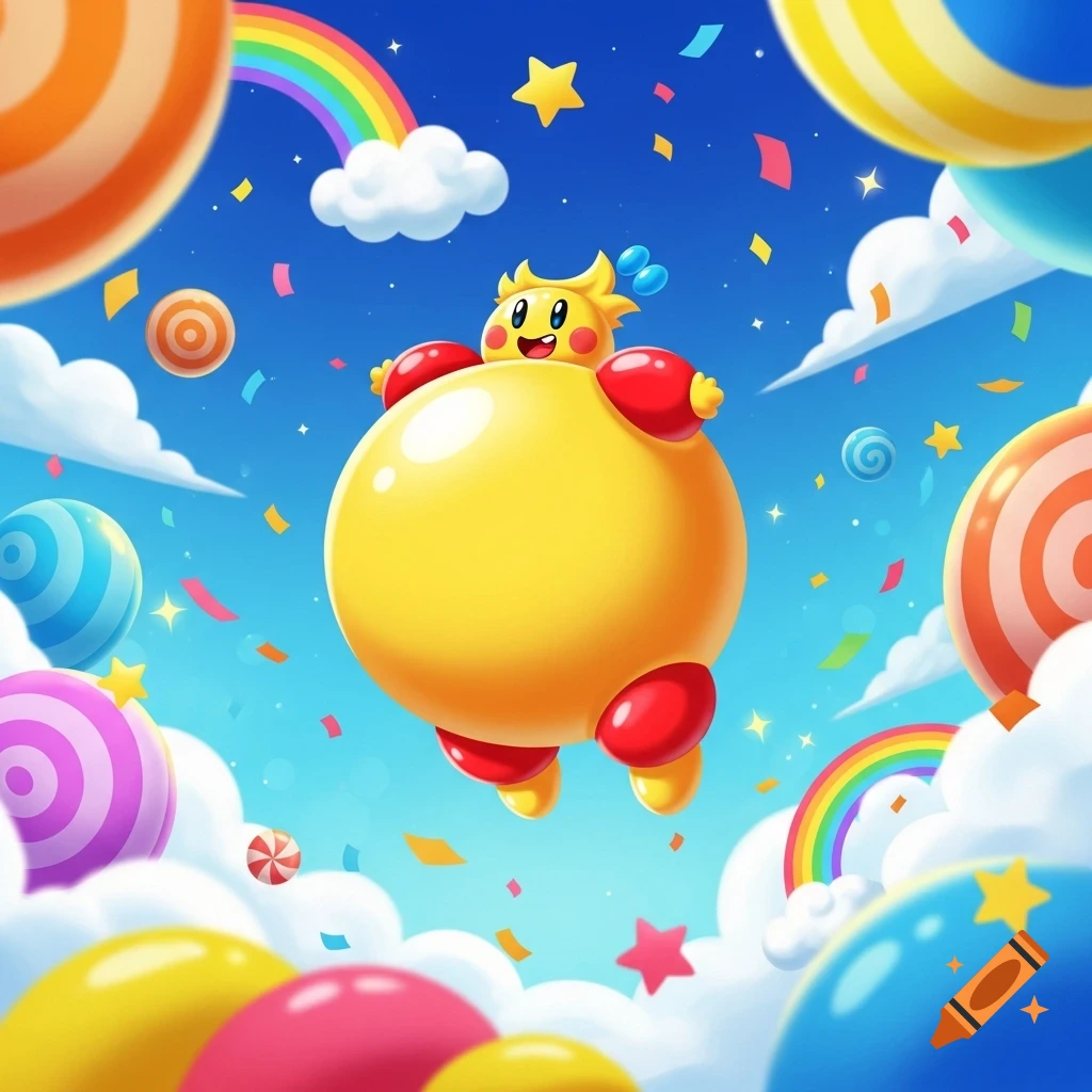 A round, yellow cartoon character with red limbs floats in a bright blue sky filled with rainbows, clouds, confetti, and colorful candies.