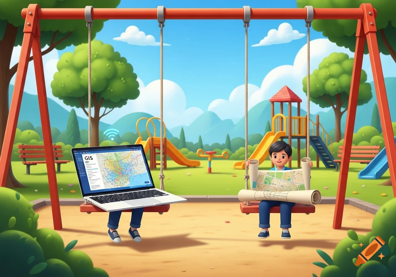 A whimsical digital illustration of a playground swing set with a laptop displaying a GIS map on one swing and a boy holding a rolled paper map on the other.