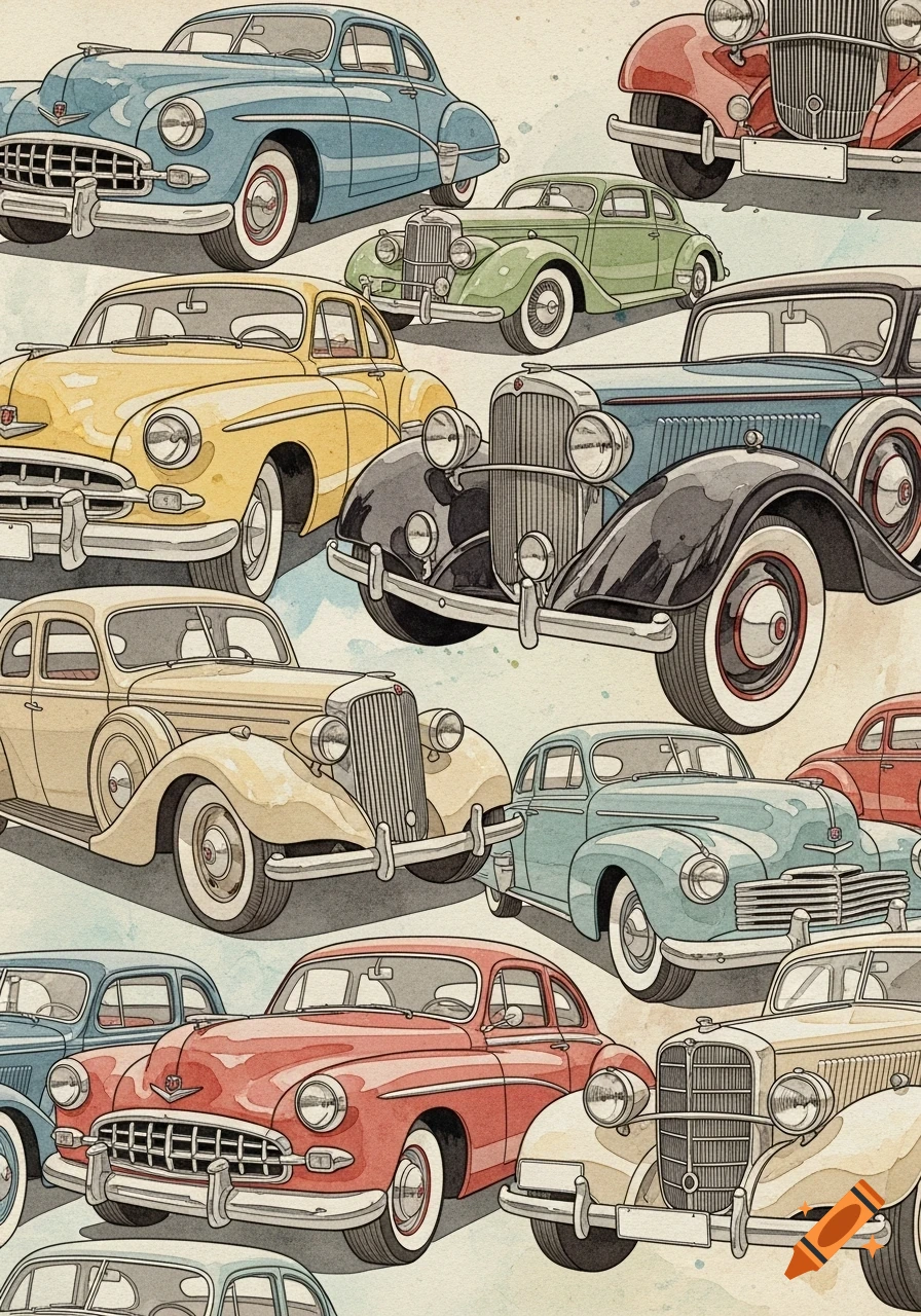A watercolor illustration of a collage of various colorful vintage cars in different positions.