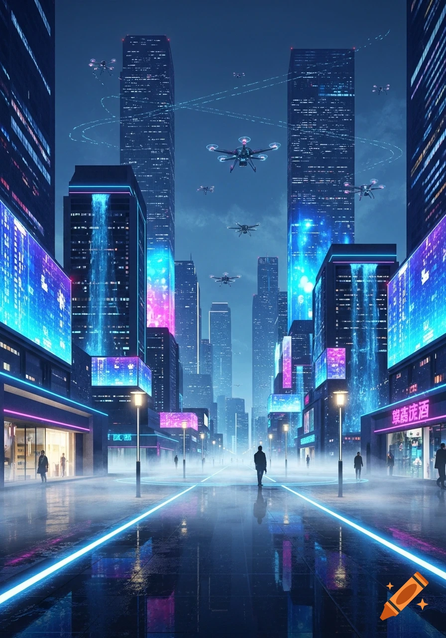 A futuristic cityscape at night with tall skyscrapers, neon lights ...