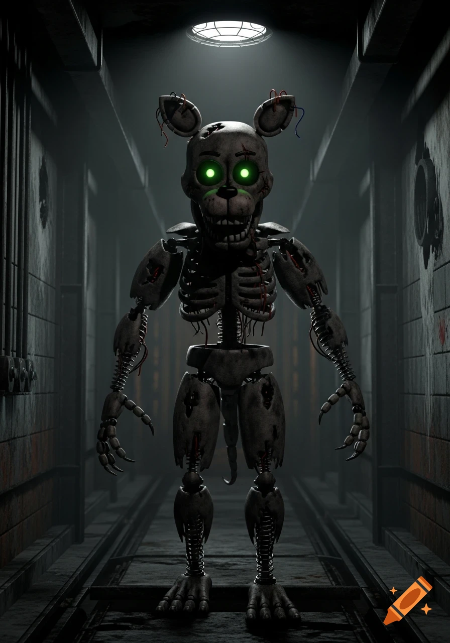 A skinny, menacing Springtrap animatronic with glowing green eyes stands in a dark, grimy industrial hallway.