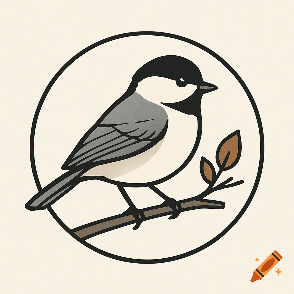 A simple illustration of a Carolina Chickadee perched on a branch inside a black circular emblem.