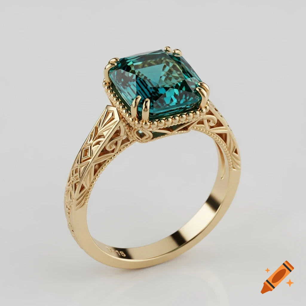 Gold engagement ring with a large teal cushion-cut sapphire, set in a detailed milgrain bezel on an art deco engraved band.